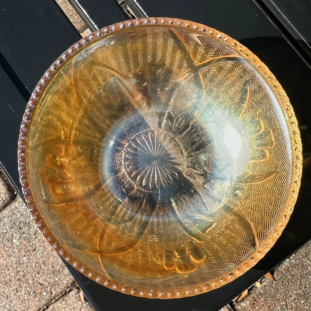 Carnival Glass Jeanette Iris & Herringbone Orange Iridescent Small Bowl VTG